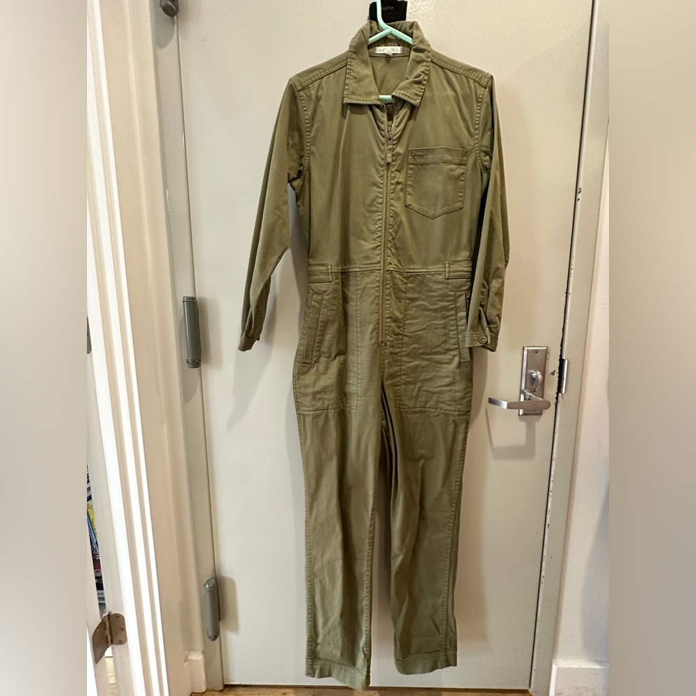 Alex Mill sage green zipper jumpsuit with adjustable waist buttons for cinching - Picture 3 of 8